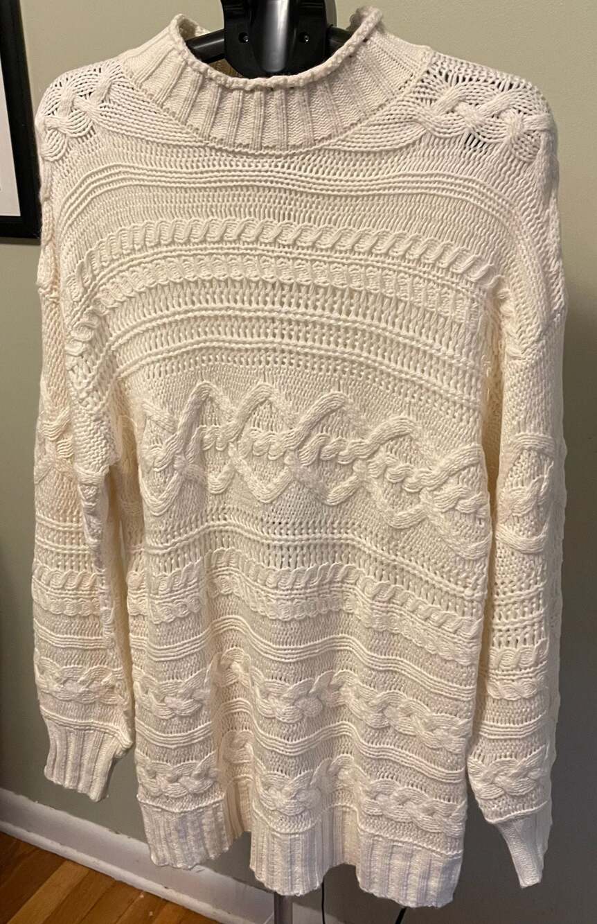 SIMPLEE Cream Chunky Cable Knit Sweater Dress Mock Neck Fisherman Core, Sz.M